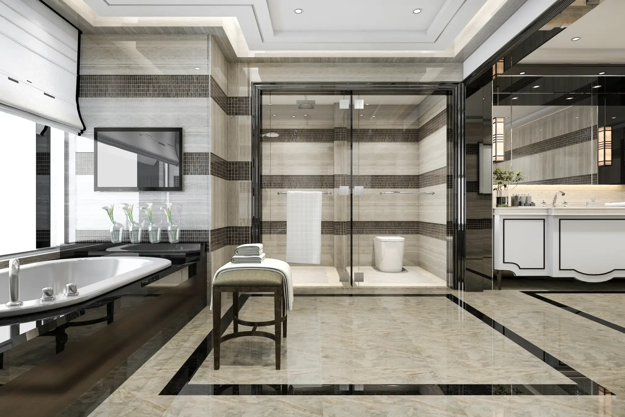 Modern bathroom with bathtub, shower, toilet, vanity, and television.