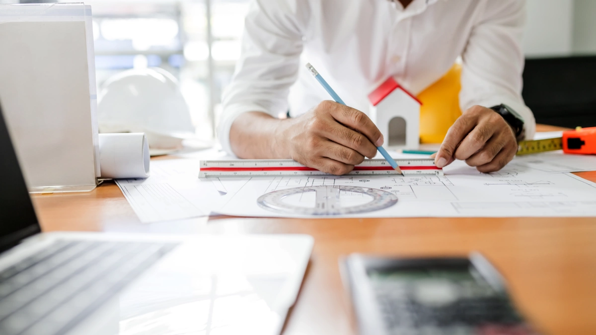 Architect using a ruler and pencil on a blueprint with tools nearby.