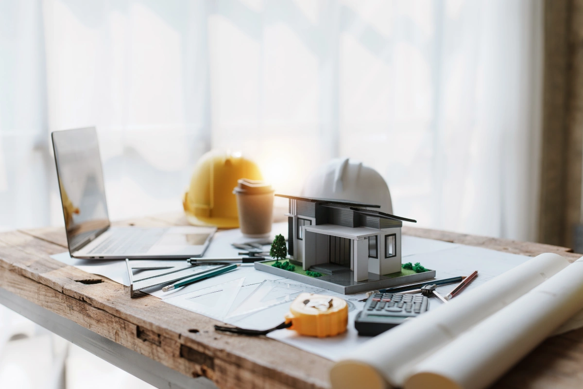 Architectural house model on a desk with blueprints and construction tools
