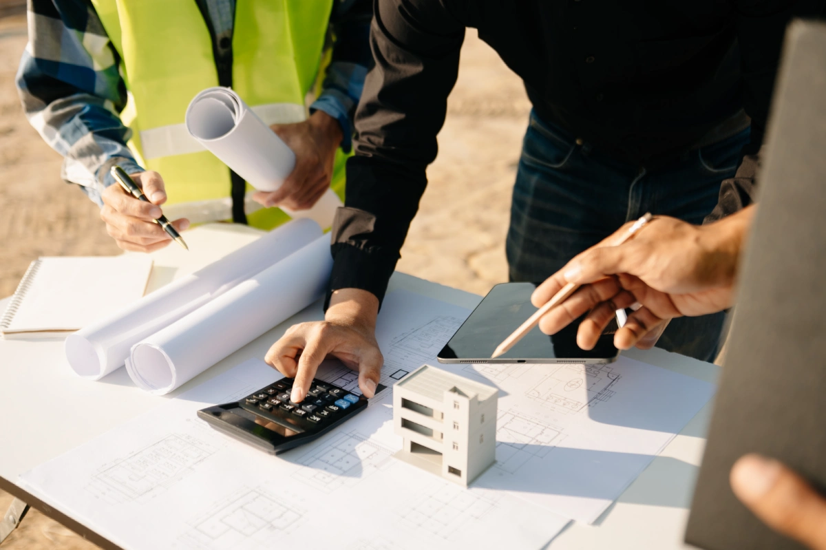 Architects and engineers working on construction plans with a calculator and model.