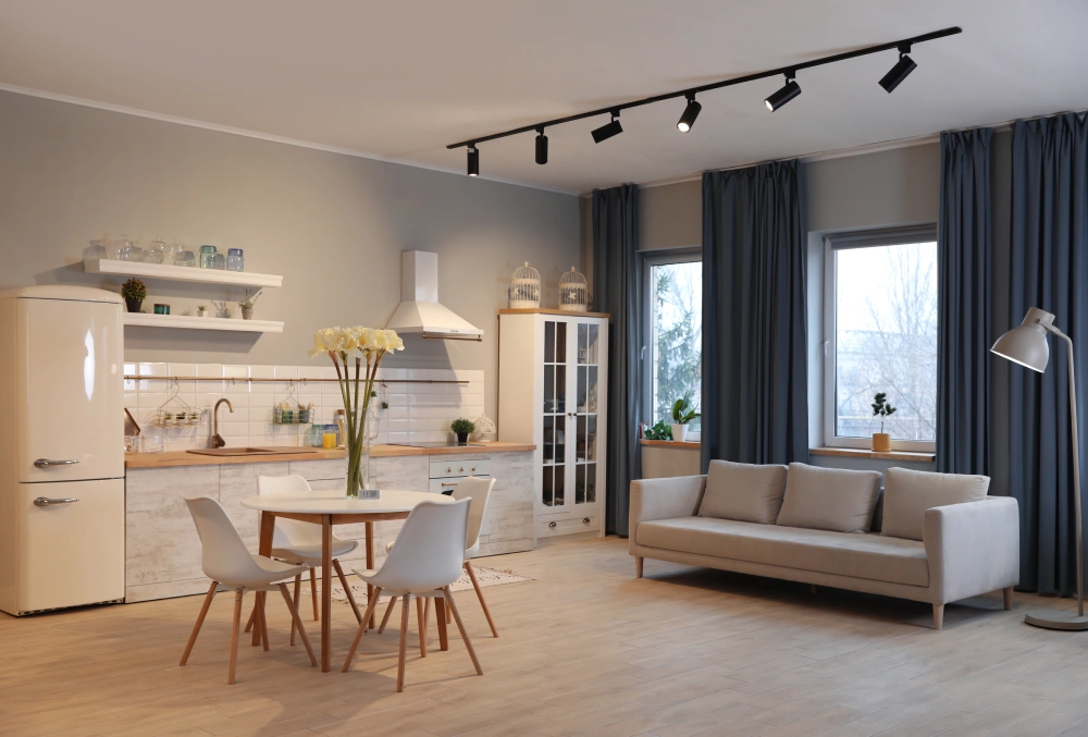Modern open plan kitchen and living room area with minimalist furniture and track lighting.
